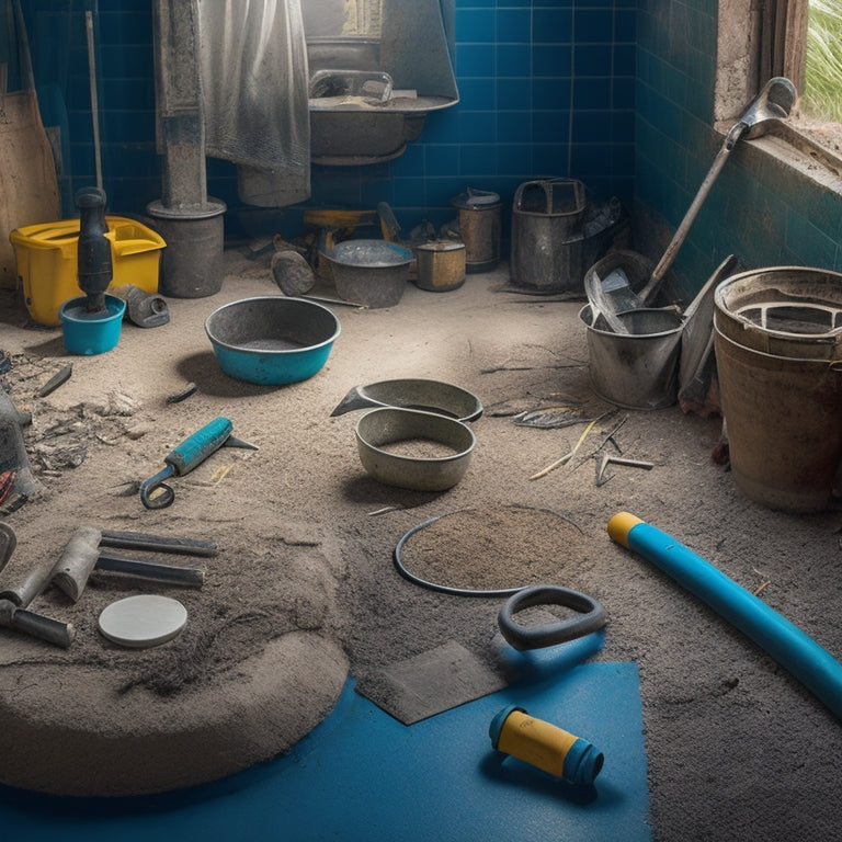A cluttered home renovation site with scattered construction materials, a partially installed drainage system, and various tools scattered around, including a drain snake, pipe cutters, and a trenching shovel.