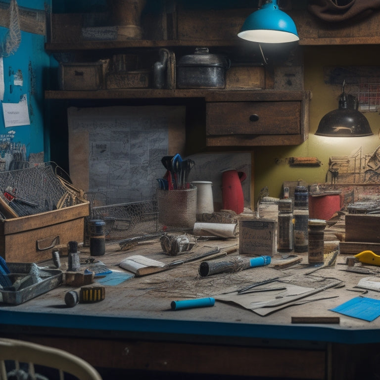 A messy workshop with scattered tools and materials, with a few tools organized on a pegboard, surrounded by renovation blueprints and a calendar on a cluttered desk.