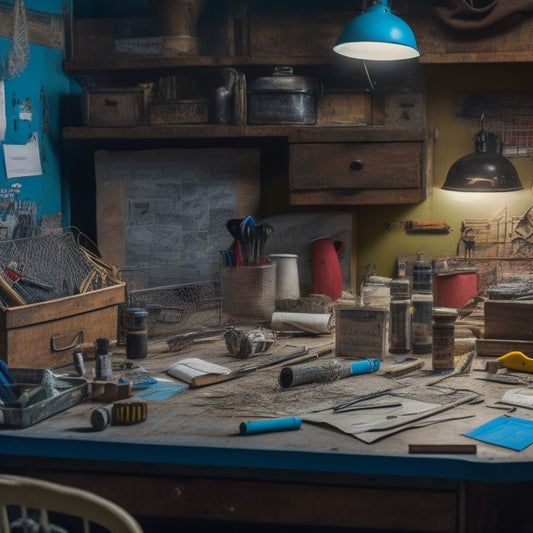 A messy workshop with scattered tools and materials, with a few tools organized on a pegboard, surrounded by renovation blueprints and a calendar on a cluttered desk.