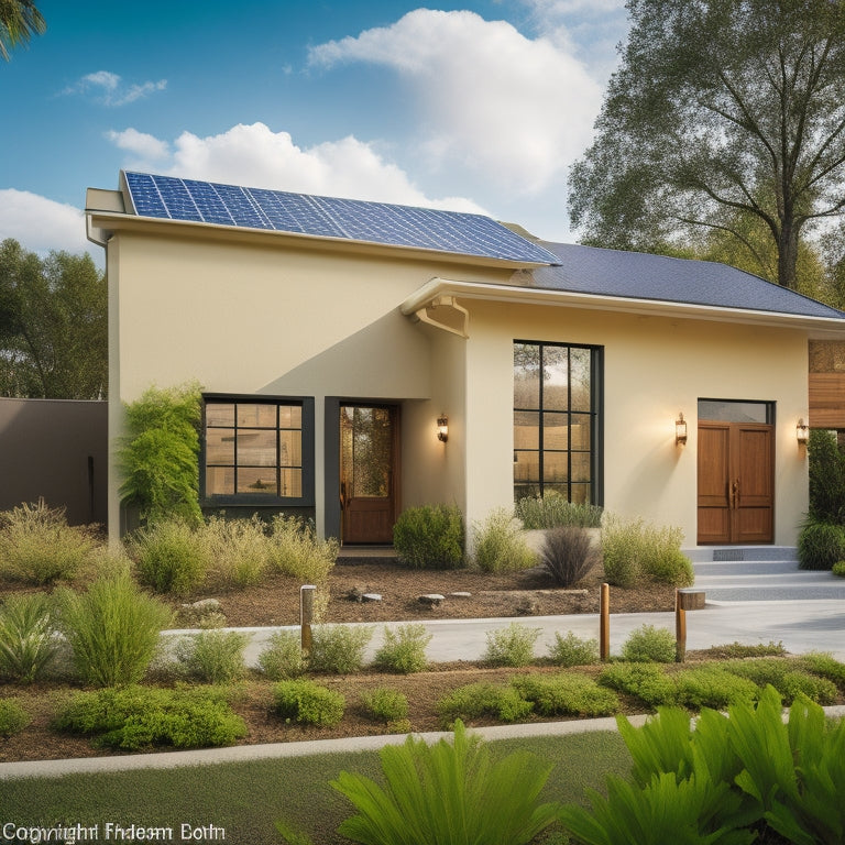 A photograph of a renovated building exterior with eco-friendly stucco and block materials, showcasing a natural color palette, with lush greenery and solar panels in the background.
