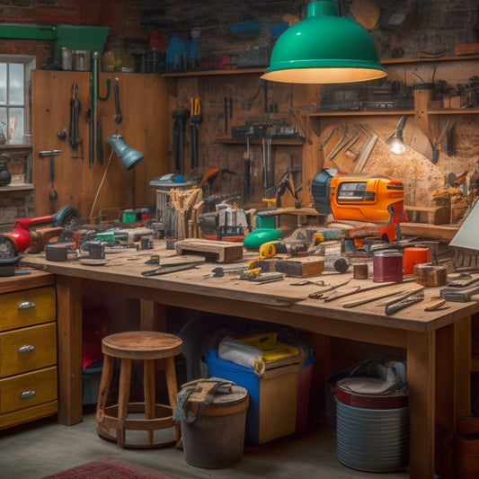 A cluttered but organized DIY workshop with a wooden workbench in the center, surrounded by various tools like a cordless drill, level, tape measure, and a bucket of paint.