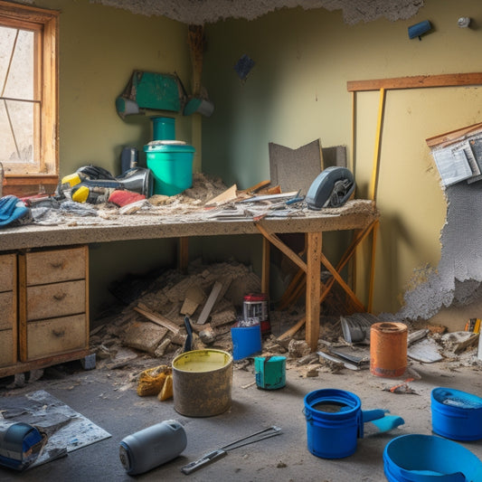 A cluttered workspace with a half-demolished wall, scattered power tools, and a tape measure coiled around a bucket, surrounded by torn drywall and exposed insulation, with a faint outline of a renovated room in the background.
