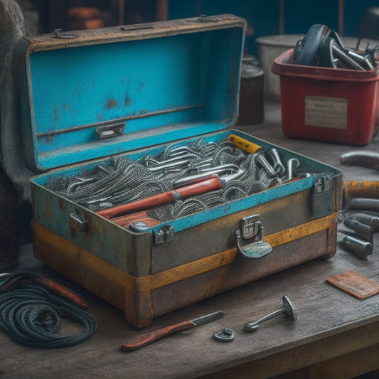 A cluttered toolbox overflowing with rusty wrenches, tangled cords, and scattered screws, with a hazy background of a renovation site, conveying chaos and disorganization.