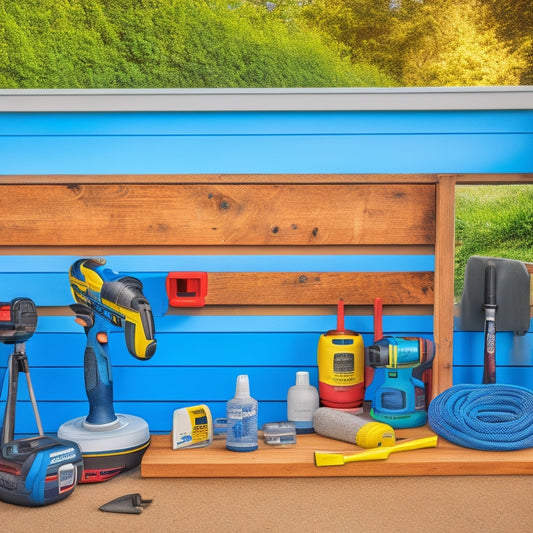 A cluttered yet organized outdoor workspace with a renovated exterior wall in the background, featuring a variety of essential finishing tools, including a cordless drill, level, and caulk gun.
