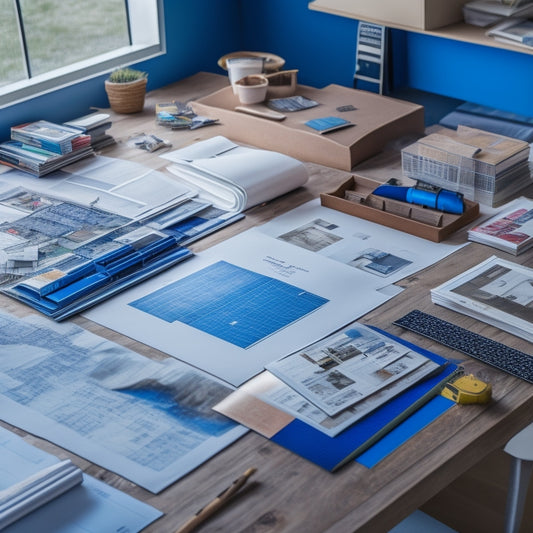 An organized workspace with blueprints, color swatches, and design magazines scattered on a large wooden table, surrounded by rolled-up floor plans and a miniature 3D model of a house.
