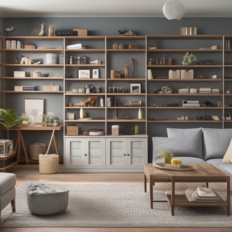 A clutter-free living room with a sleek, built-in shelving unit, storage ottomans, and a labeled pegboard on a wall, surrounded by neatly organized renovation tools and materials.