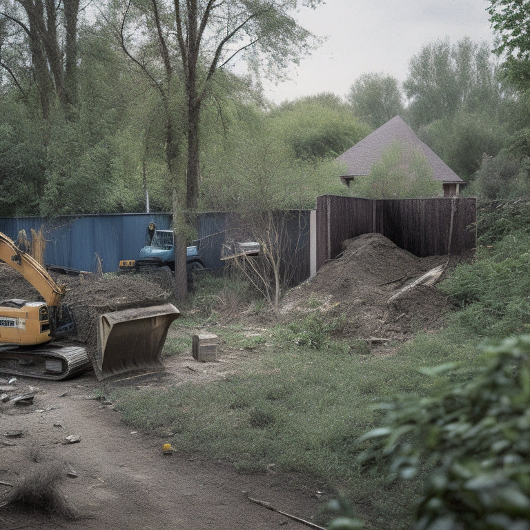A cluttered backyard with a dilapidated shed, overgrown vegetation, and scattered debris, alongside a partially demolished wall with a hydraulic excavator and a dumpster in the background.