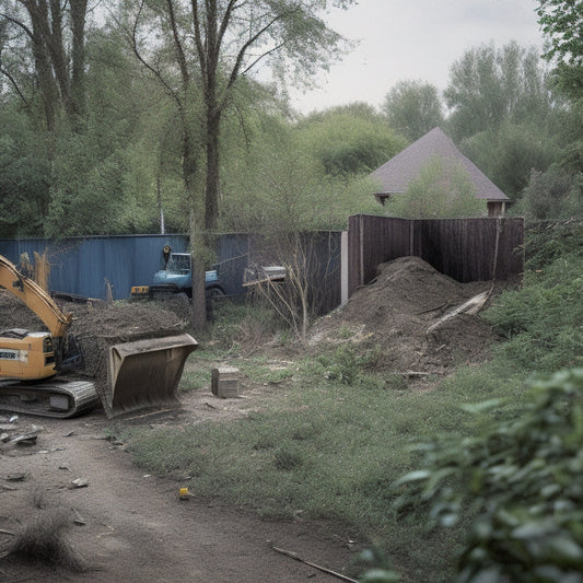 A cluttered backyard with a dilapidated shed, overgrown vegetation, and scattered debris, alongside a partially demolished wall with a hydraulic excavator and a dumpster in the background.