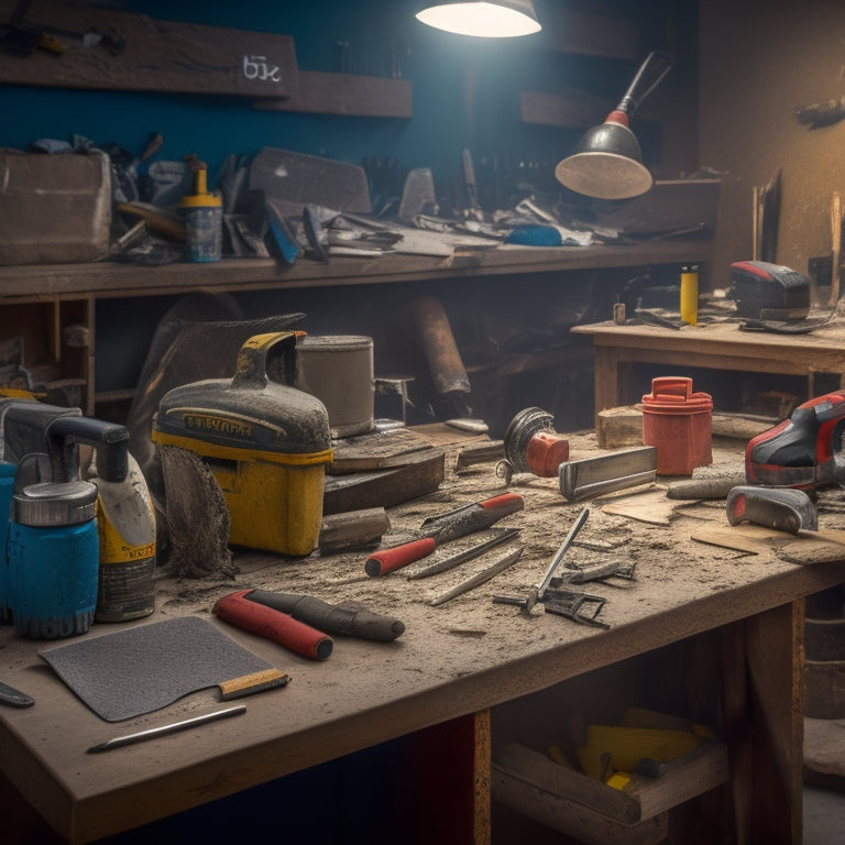 A cluttered workbench with a patch of damaged drywall, surrounded by various tools like a putty knife, joint compound, sandpaper, and a drill, amidst scattered drywall screws and dust.