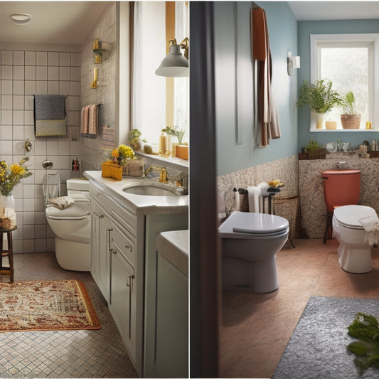 A split-screen image featuring a cluttered, outdated bathroom on one side and a modern, renovated bathroom on the other, with various budget-friendly tools and materials scattered throughout the renovated space.