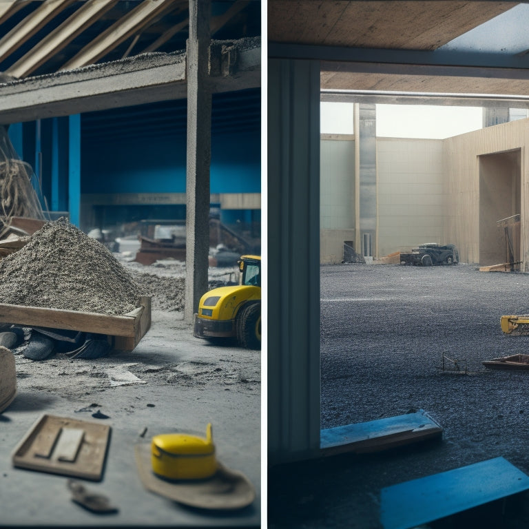 A split-screen image featuring a messy, cluttered construction site on one side and a sleek, modern renovated space on the other, with various materials like wood, tile, and metal scattered throughout.