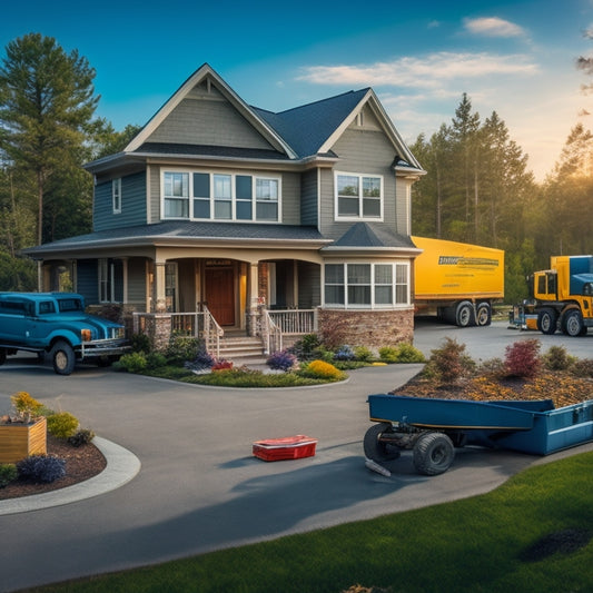 A sprawling suburban home with a dumpster and construction materials scattered around, with a delivery truck parked in the driveway, surrounded by rolled-up blueprints and hard hats.