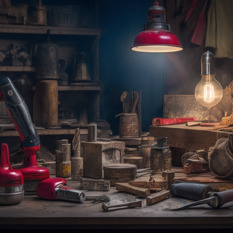 A cluttered DIY workshop with a mix of useful tools like a cordless drill and level, alongside unnecessary items like a broken lamp and old vase, with a red "X" symbol over the unwanted objects.