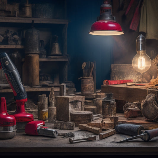 A cluttered DIY workshop with a mix of useful tools like a cordless drill and level, alongside unnecessary items like a broken lamp and old vase, with a red "X" symbol over the unwanted objects.