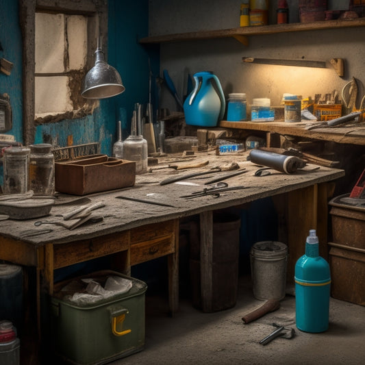 A cluttered workbench with a cracked concrete wall in the background, surrounded by an assortment of crack filling tools, including a putty knife, chisel, and caulking gun, with tubes of epoxy and sealant nearby.