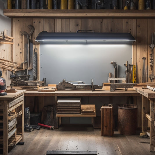 An organized workshop with a variety of saws on a pegboard, a partially renovated room in the background, with a single saw lying on a wooden workbench, surrounded by renovation tools and materials.