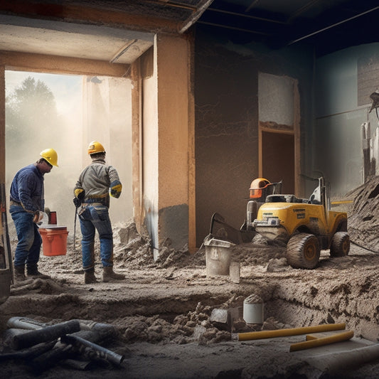 An illustration of a partially demolished house with exposed foundation walls, cracks, and water damage, surrounded by construction tools, scaffolding, and a worker in a hard hat examining the damage.