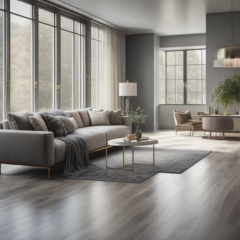 A modern, luxurious living room with a large window, showcasing five different flooring options: dark hardwood, light grey laminate, polished concrete, creamy marble, and plush beige carpet.