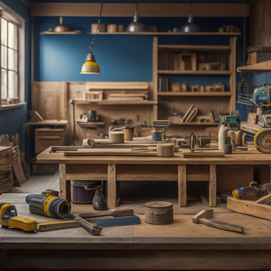 A well-organized workshop with a block saw as the centerpiece, surrounded by various wooden planks, DIY renovation tools, and a few half-finished projects, with a subtle background of a renovated room.