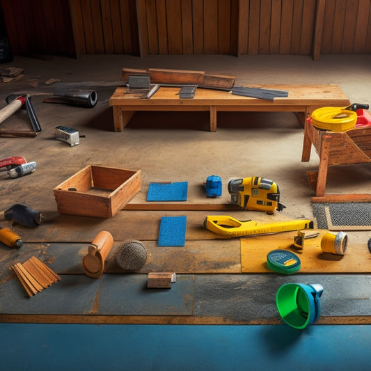 An organized workspace with various floor renovation tools laid out, including a circular saw, hammer, tape measure, level, and buckets of flooring materials, on a backdrop of freshly torn-out old flooring.