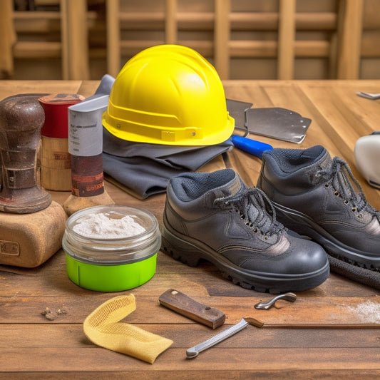 High-resolution photograph showcasing essential safety gear for home renovation projects: hard hat, safety goggles, dust mask, work gloves, and steel-toed boots arranged on a wooden workshop table, with a measuring tape and tools in the background.