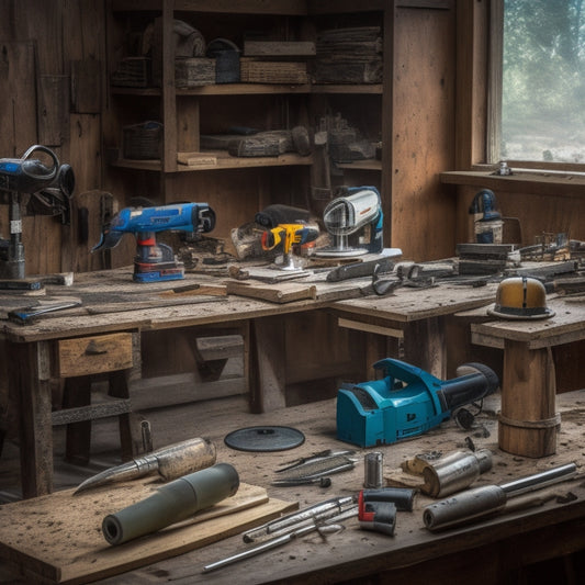 A cluttered workbench with a circular saw, drill press, and impact driver, surrounded by scattered woodworking plans, measuring tapes, and a bucket of assorted screws and nails.