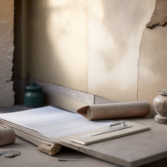 A worn, cracked stucco exterior wall with crumbling edges, adjacent to a renovated section with smooth, uniform finish, and a clipboard with a checklist clip in the foreground.