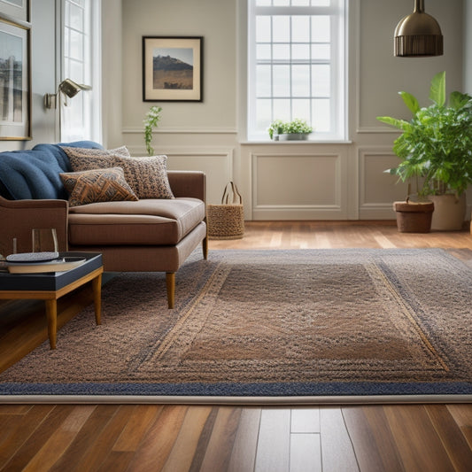 A stylish living room with a mix of flooring accessories: a plush area rug on hardwood floors, a decorative border around a tile inlay, and a subtle transition strip between wood and carpet.