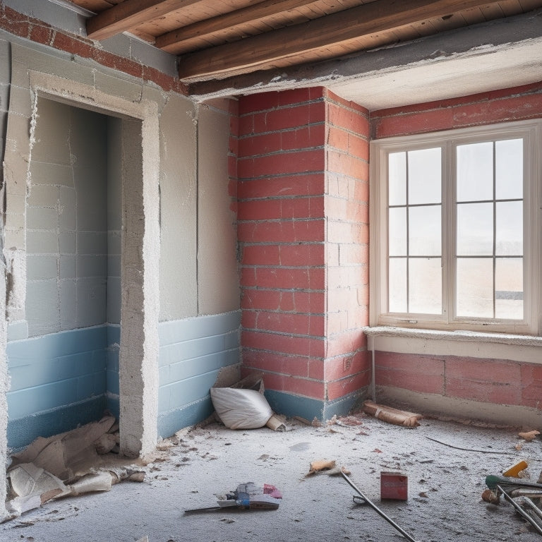 A partially demolished interior wall with exposed studs, surrounded by scattered insulation materials, tools, and renovation debris, highlighting the importance of proper insulation during renovation.
