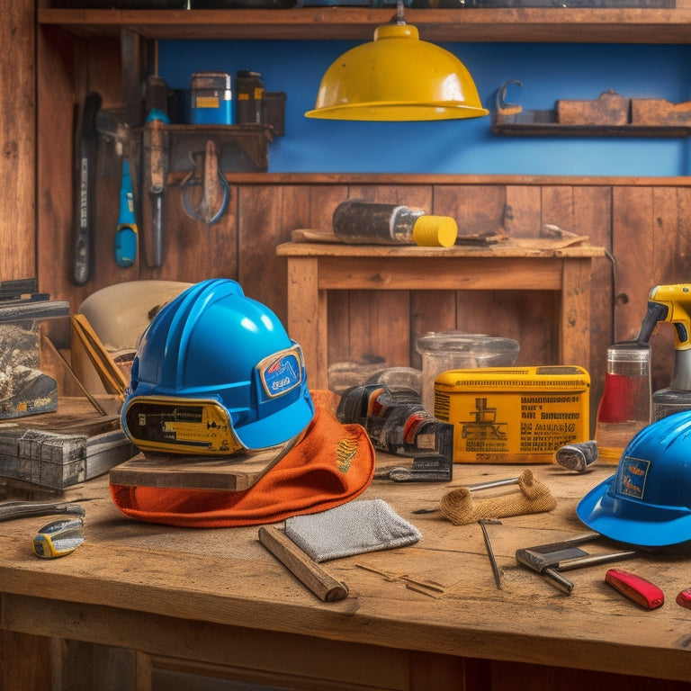 A cluttered DIY renovation workspace with a hard hat, safety goggles, and a first aid kit prominently displayed on a worn wooden workbench, surrounded by power tools and scattered building materials.