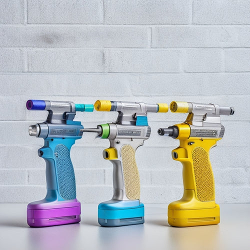 A close-up of three epoxy injection guns of varying sizes, with metallic bodies and colorful nozzles, laid out on a clean, white concrete background, surrounded by scattered epoxy cartridges and concrete cracks.