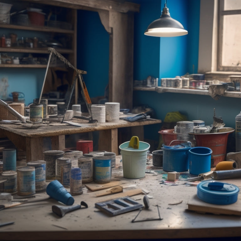 A cluttered workshop table with various renovation tools and materials, featuring a central mixer surrounded by scattered tiles, paint cans, and torn drywall, with a blurred background of a half-renovated room.