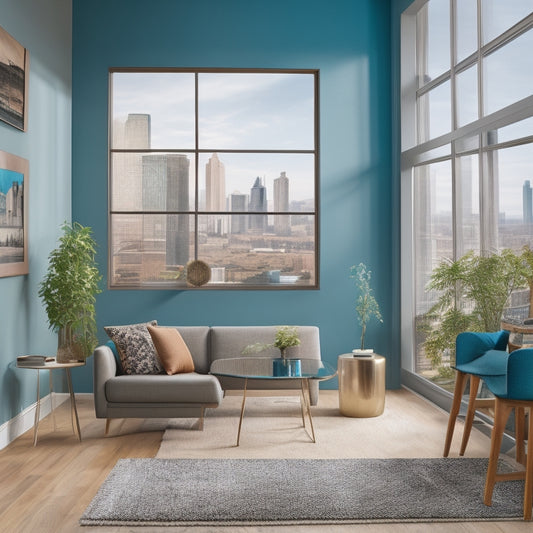 A modern living room with a warm beige wall, rich wood floors, and a bold turquoise accent wall, surrounded by color swatches, paint cans, and a ladder, with a cityscape view through the window.