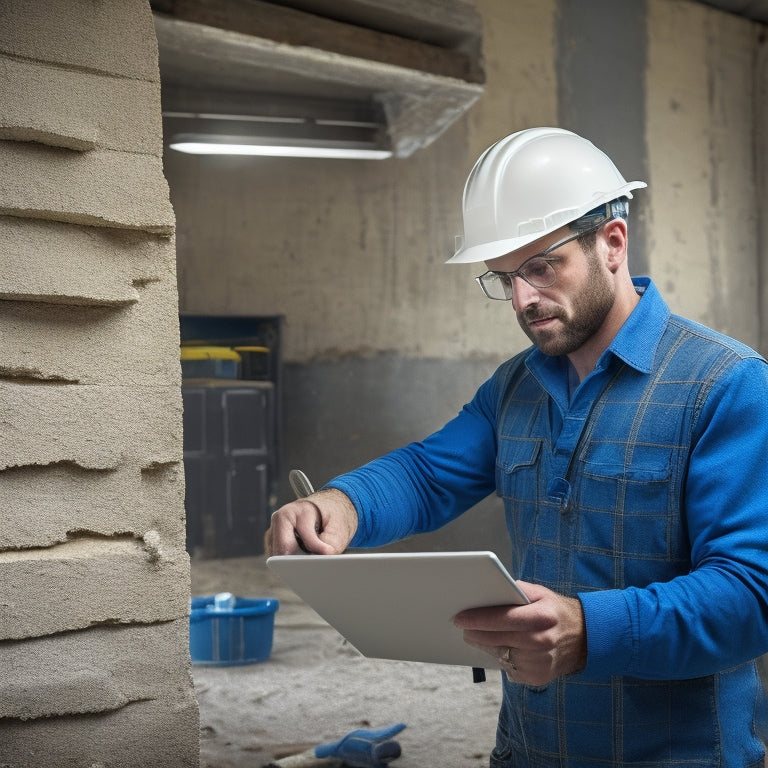 Image of a renovator in a hard hat holding a tablet with a budget spreadsheet, standing in front of a partially plastered wall with tools and materials scattered around.