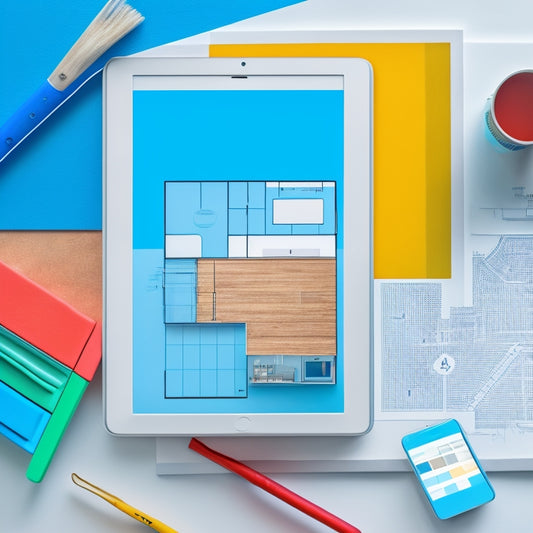 A colorful, modern, and minimalist illustration featuring a tablet with a blueprint or floor plan on the screen, surrounded by scattered renovation tools, paint swatches, and a miniature house model.
