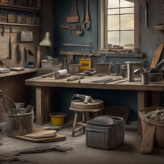 A cluttered but organized workbench with various hand tools, including a trowel, edger, jointer, hammer, and level, surrounded by concrete mix bags, a mixing bucket, and a backdrop of a partially renovated room.