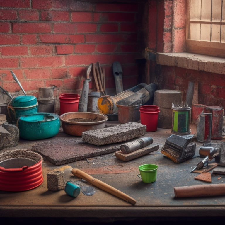 A cluttered workshop table with a variety of masonry repair tools, including a hammer, trowel, level, and bucket of mortar, surrounded by scattered bricks and broken concrete fragments.