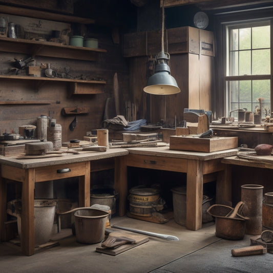 A tidy workshop with a wooden workbench, surrounded by organized tools: a mortar hawk, jointer, grinder, trowel, level, and mixing bucket, with a subtle hint of a renovation project in the background.