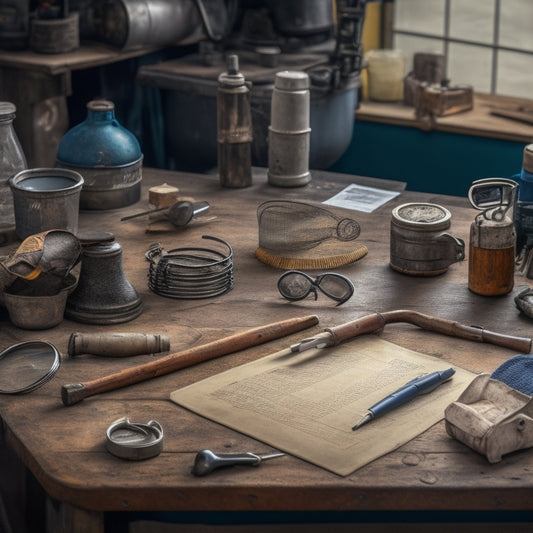 A cluttered workshop table with various tools and equipment, a magnifying glass zoomed in on a rusty hammerhead, a checklist clipboard with a pencil lying next to it, and a faint background of a renovated room.