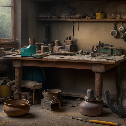 A cluttered workbench with a few, carefully selected, high-quality plaster renovation tools standing out amidst scattered, worn-out, and rusty tools, with a subtle background of a partially renovated wall.