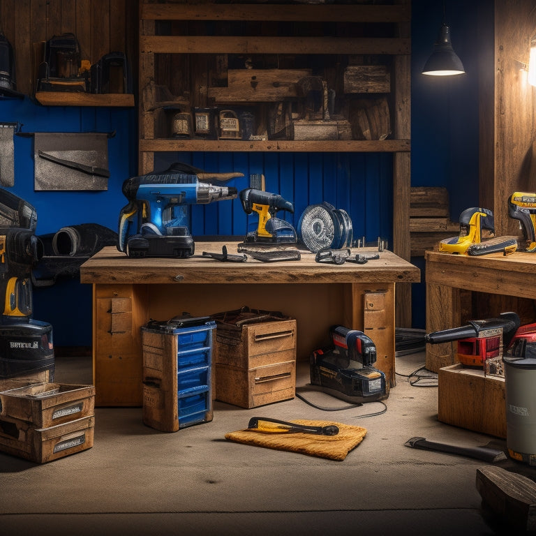 A well-lit workbench with a variety of power tools, including a cordless drill, impact driver, and circular saw, surrounded by toolboxes, oil cans, and a cleaning cloth, with a blurred background of a renovation site.