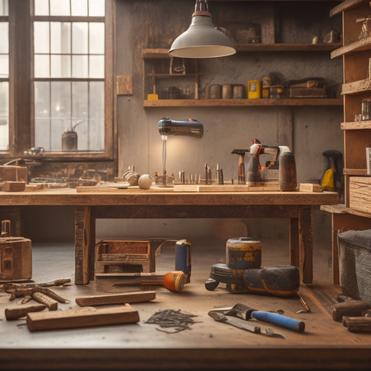 An organized workshop with a wooden workbench, surrounded by various renovation tools such as a drill, level, tape measure, and hammer, with a cityscape or house blueprint in the background.