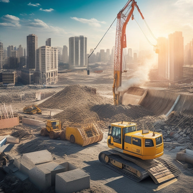 A dramatic, high-angle shot of a bustling construction site, with a excavator in the foreground, demolition tools scattered around, and a blurred cityscape in the background, conveying chaos and progress.