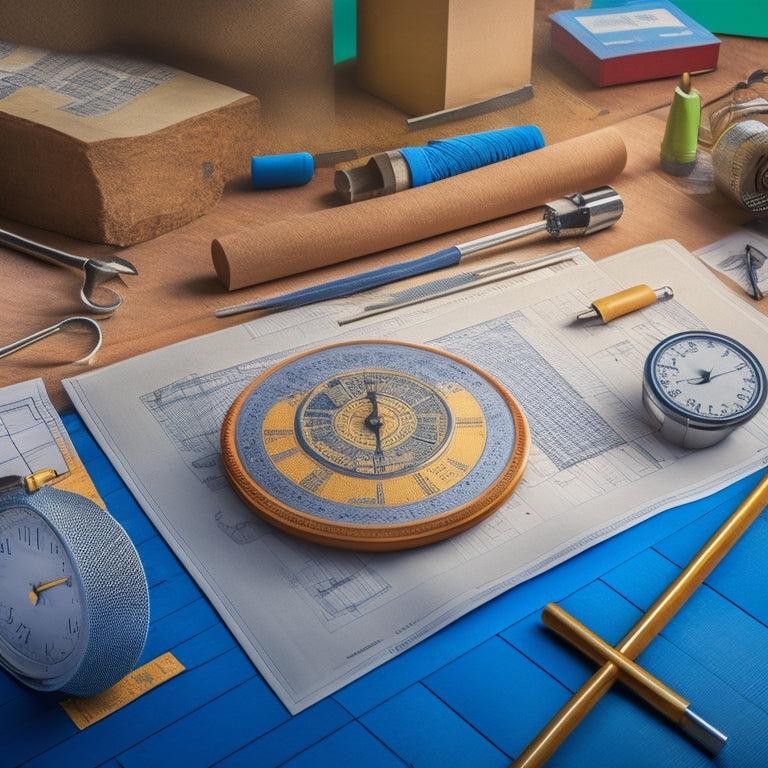 An illustration of a calendar in the background with various construction tools and materials scattered across it, with a clock in the center, surrounded by blueprints and architectural designs.