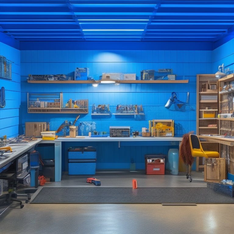 A clutter-free garage with a partially installed epoxy floor, a pegboard with organized tools, and a laptop on a workbench displaying a 3D design software, surrounded by scattered blueprints and architectural drawings.