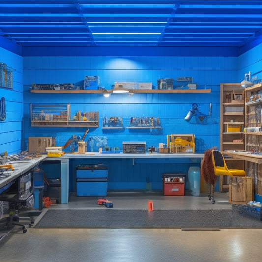 A clutter-free garage with a partially installed epoxy floor, a pegboard with organized tools, and a laptop on a workbench displaying a 3D design software, surrounded by scattered blueprints and architectural drawings.