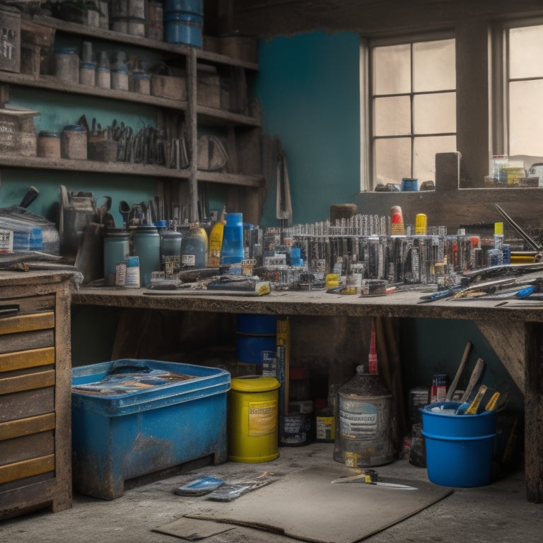 A cluttered workbench with various top coating tools, including a paint sprayer, brushes, rollers, and trays, surrounded by paint cans, renovation plans, and a partially renovated concrete block wall in the background.