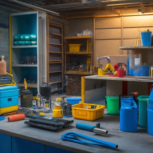 A cluttered construction site with a worn-out sealant gun and scattered tubes of sealant, contrasted with a sleek, organized workspace featuring a high-tech sealing equipment with color-coded tubes and a tidy storage system.