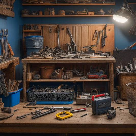 A cluttered workshop with scattered tools, wires, and parts contrasts with a tidy, organized space featuring a compact, sleek renovation tool kit with labeled compartments and a satisfied DIYer in the background.