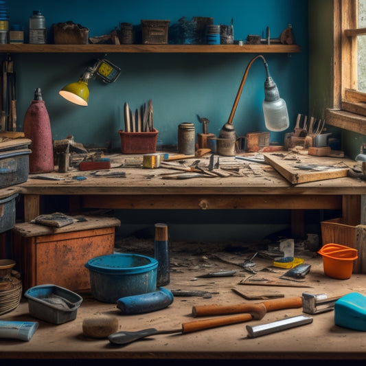 A cluttered workbench with various joint filling tools scattered around, featuring a prominent display of a putty knife, grout float, and caulk gun, with a faint background of a renovated room.
